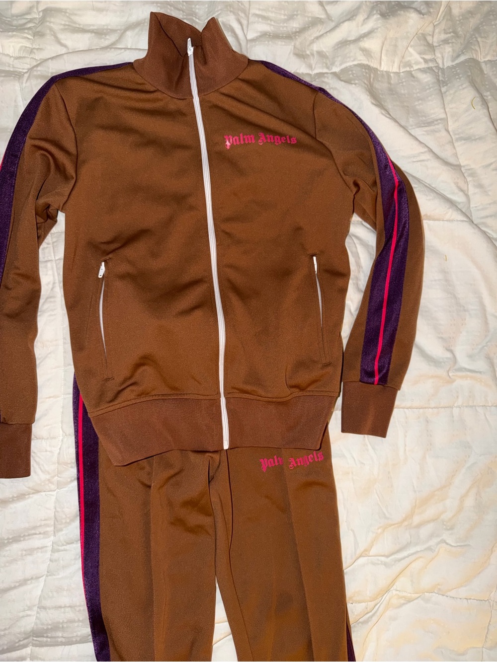 Palm Angels Brown Track Set with Pink Logo and Purple Stripe